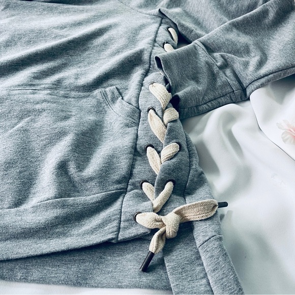 Asymmetrical Cowl Neck Hoodie with Side Tie Detail - Picture 6 of 8